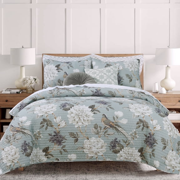 Levtex Home - Belvedere Blue Quilt Set - Full/Queen Quilt (88x92in) and Two Standard Shams (20x26in) - Botanical Floral Bird Design - Percale Cotton