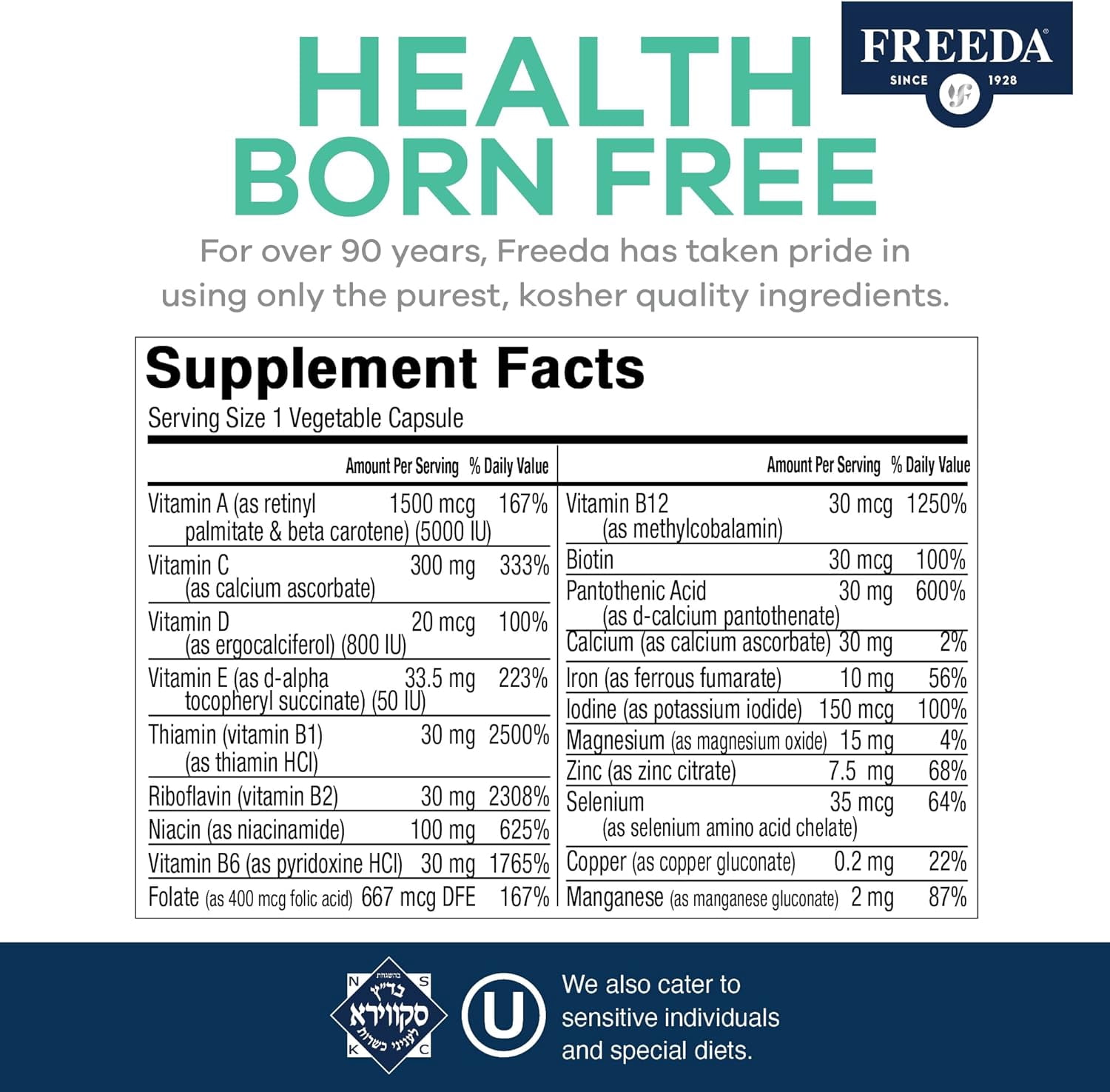 Freeda Quintabs-M with Iron – One Daily Multivitamin for Women & Men – High Potency – Kosher – 100 Ct