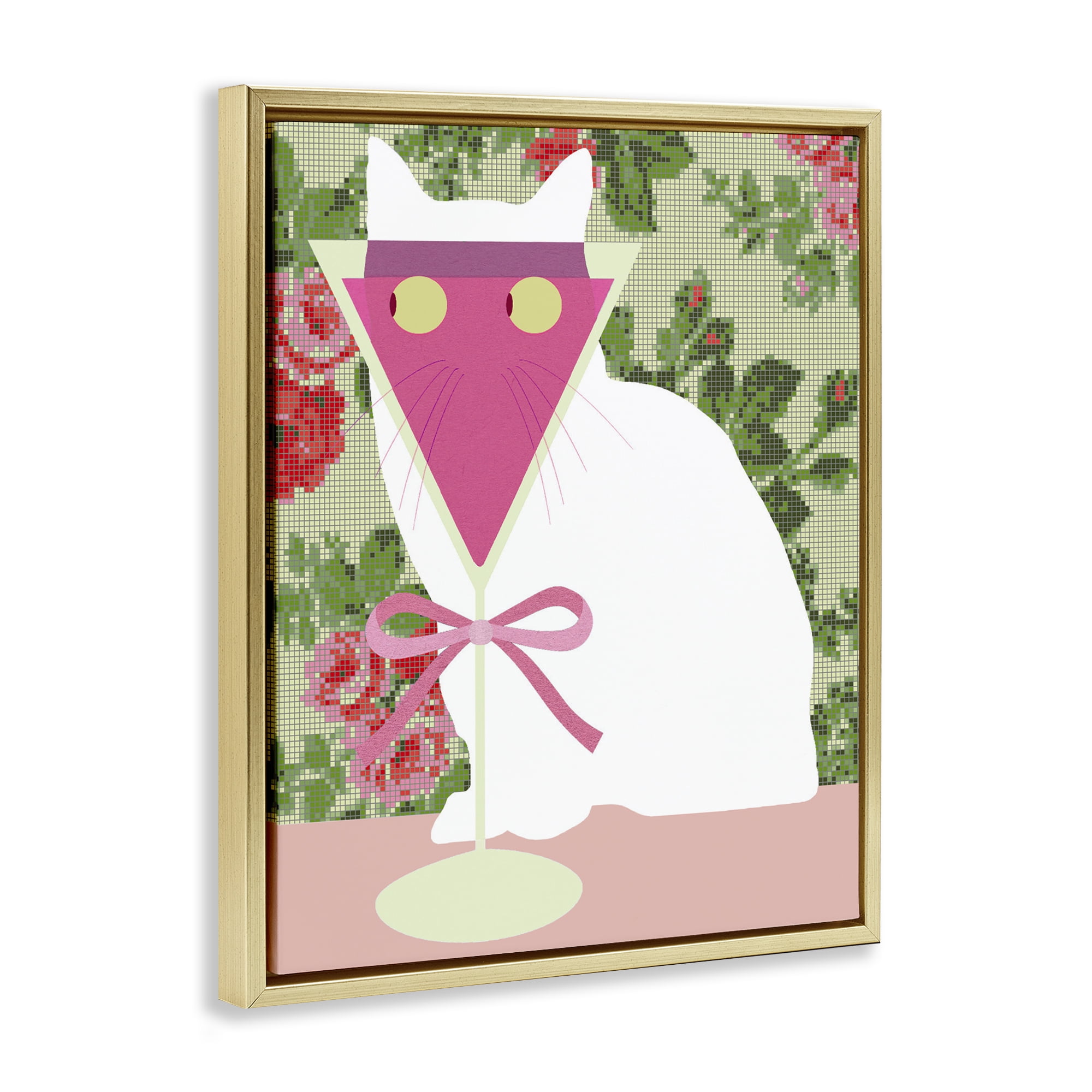 Stupell Industries White Cat with Pink Martini Gold Framed Floater Canvas Wall Art, design by Lil' Rue