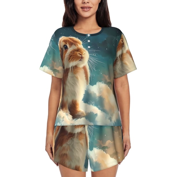 Balery Starry Sky Cloud Cute Rabbit Conjunto de Pijama para Mujer con Estampado, Dos Piezas de Manga Corta y Shorts, Ropa de Dormir Suave con Cuello Redondo y Bolsillos-Medium