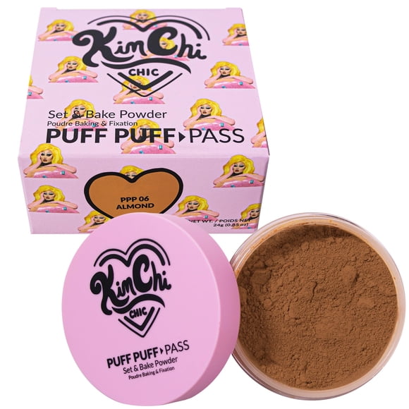 Kimchi Chic Beauty Puff Puff Pass Set y polvo para hornear, polvo facial suelto con polvo extra esponjoso, maquillaje facial marrón suave para tono de piel desigual, 06 almendra