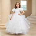 thumbnail image 2 of HJYCHN Dresses for Girls Short Puff Sleeve Long Formal Dress with Embroidered Bodice and Ribbon for Girls' Dresses 4-5 Years, 2 of 9