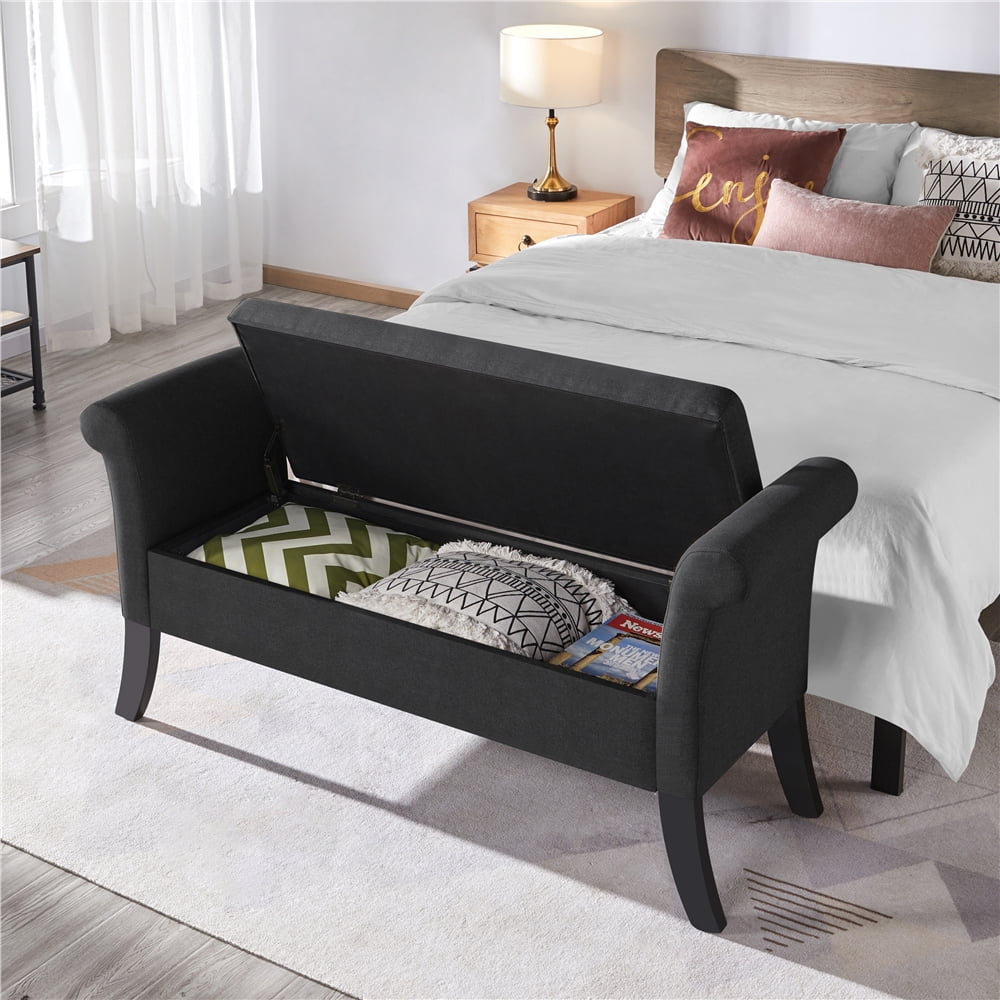 Alden Design Modern Fabric Tufted Storage Bench with Rolled Arms for Home, Black