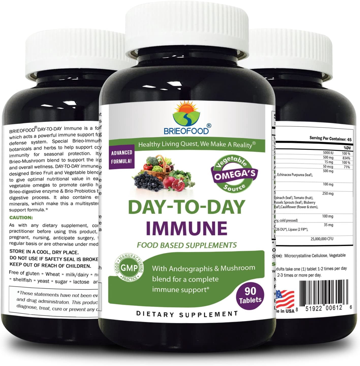 (3 pack) Brieofood Immune 90 Tablets, Food Based Daily Immune System Booster Supplement Made with Vegetable Source Omegas, probiotics and Herbal Blends