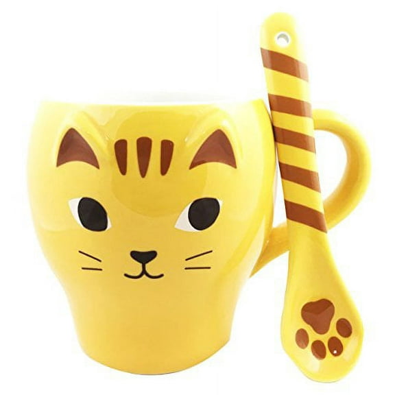 Feline Yellow Kitty Cat Ceramic Mug Coffee Cup With Spoon Home & Kitchen Decor