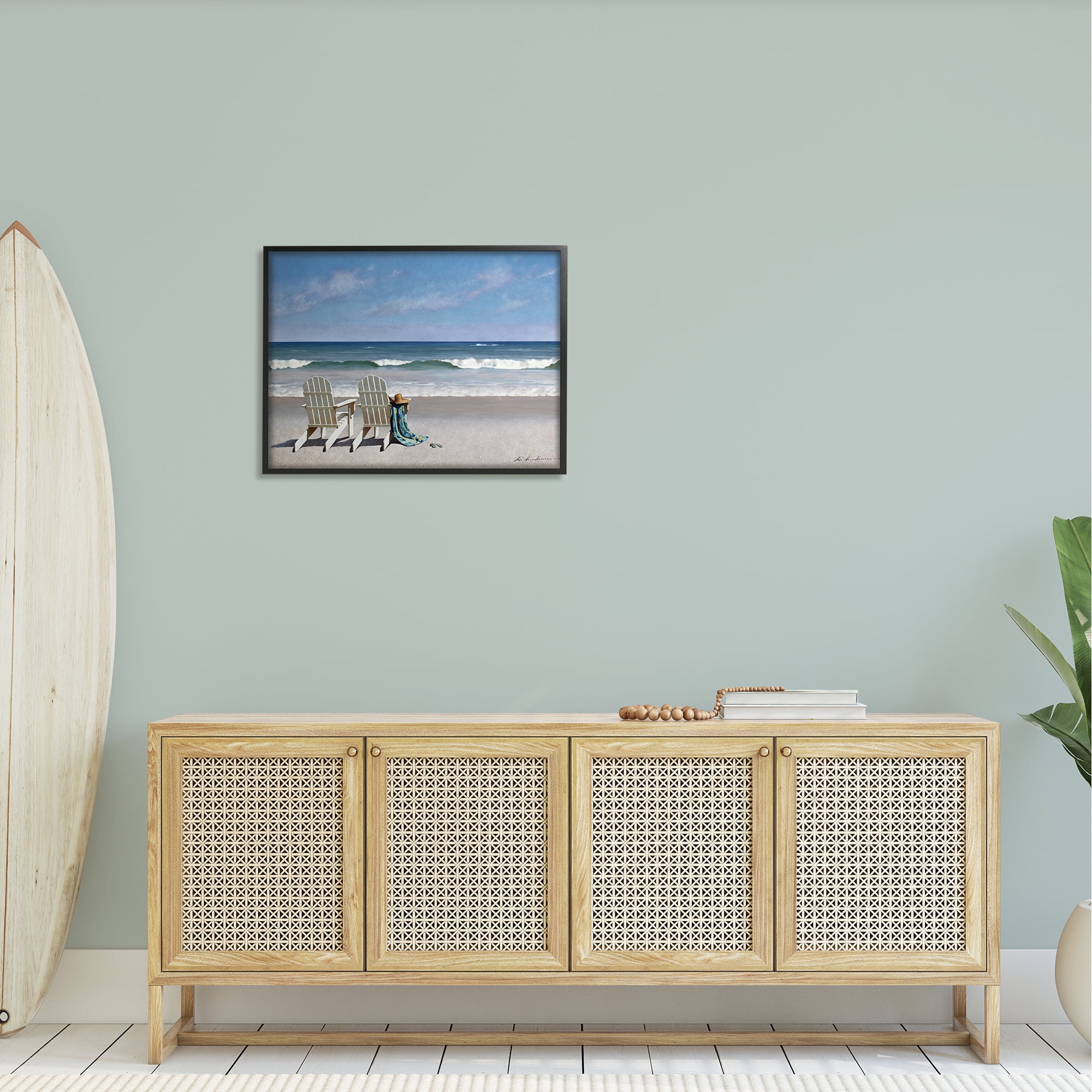 The Stupell Home Decor Two White Adirondack Chairs on the Beach Framed Texturized Art
