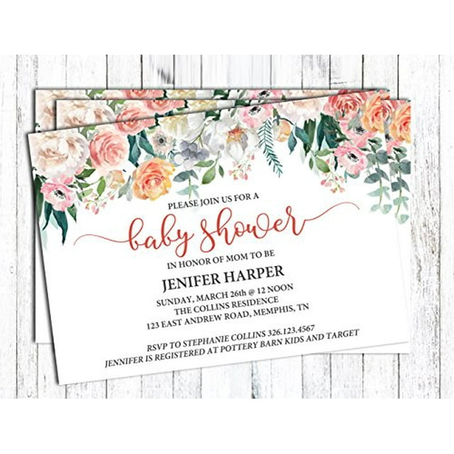 Darling Souvenir Custom Floral Printed Baby Shower Invitations Girl| 10 Personalized Invites With Envelopes 5 x 7