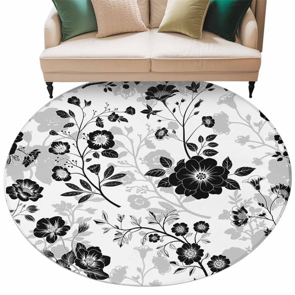Round Rugs 7 Ft, Vintage Flowers Non Slip Area Rugs for Kitchen Bedroom Entryway, Black White Farmhouse Floral Plants Washable Carpet Runner Rug Floor Mats for Bedroom Home Decor