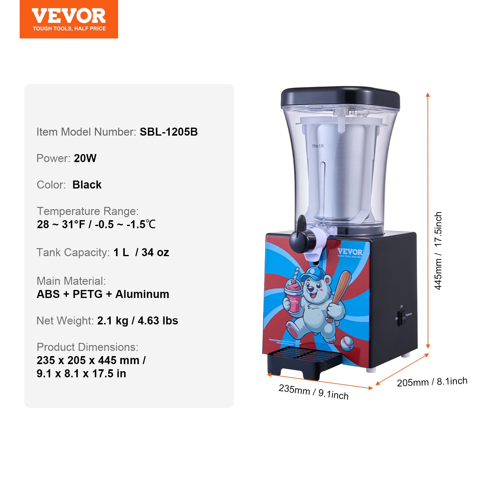VEVOR Slushy Machine for Home, 34oz Tank Home-use Margarita Machine, Smoothie Frozen Drink Maker with Food-grade Materials, Slushie Machine for Home DIY, Kids Parties, Black