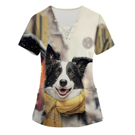 

QAZXD Womens 2023 Summer Scrub Tops V-Neck Graphic Prints Short Sleeve Pullover with Pockets Beige 4XL