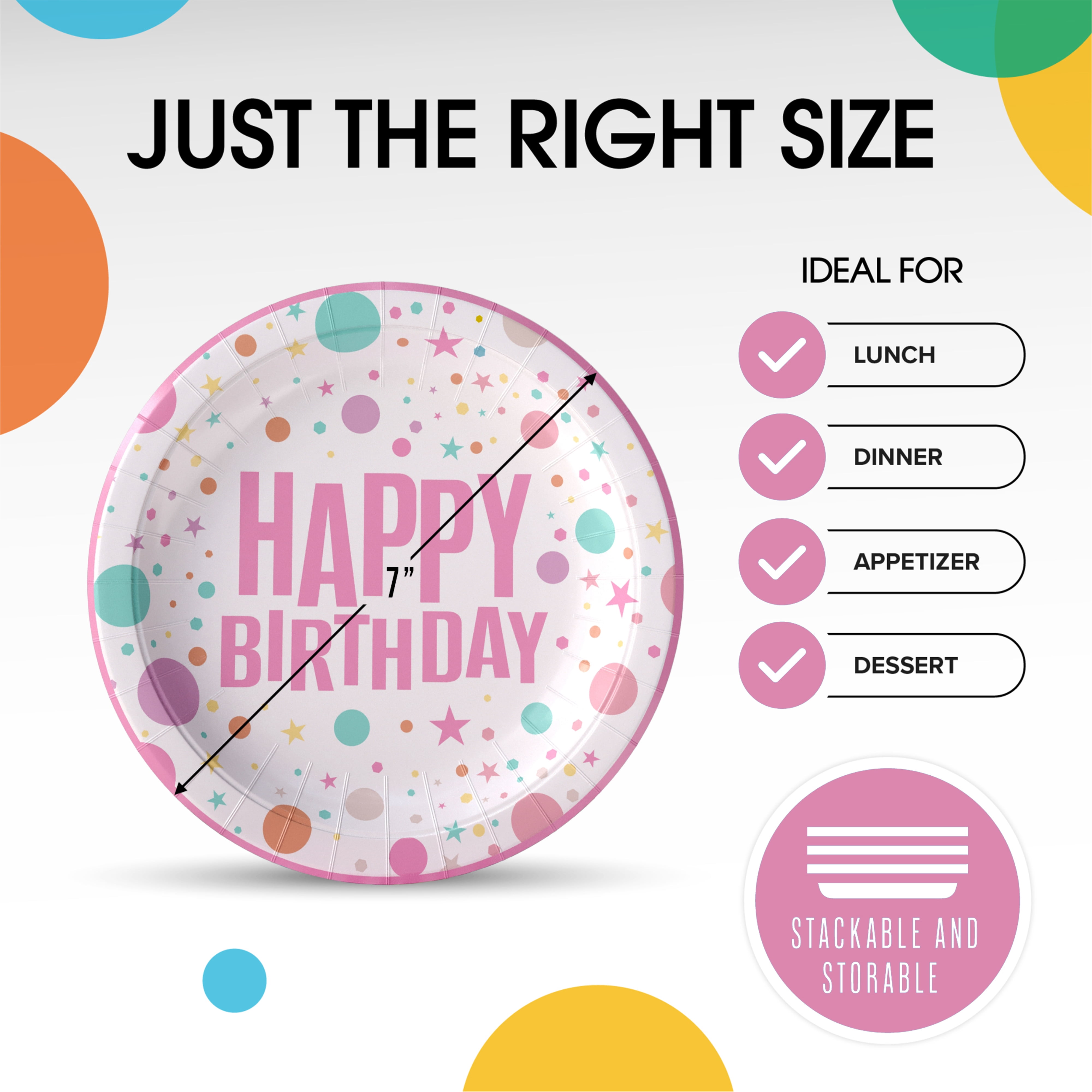 Exquisite 7 In. Pink Birthday Print Party Paper Plates - 100 Ct.