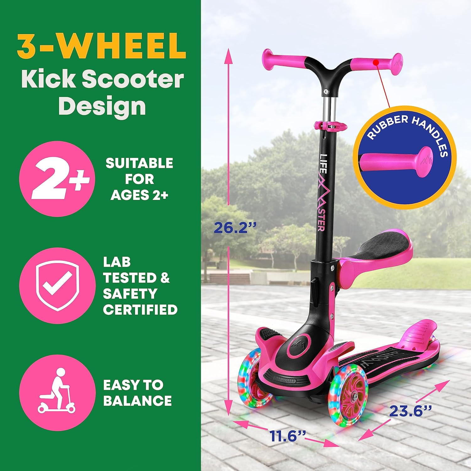 Kids Scooter – Foldable Seat – LED Wheel Lights Illuminate When Rolling – Children and Toddler 3 Wheel Kick Scooter – Adjustable Handlebar – Indoor and Outdoor- Pink - by Lifemaster