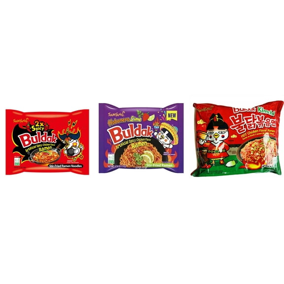 3 Packs Samyang Korean Artifical Spicy Chicken Stir Fried Ramen Roasted Noodles 3 Different Flavors (2x Spicy,Habanero Lime,kimichi) Plus NineChef Brand Long Handle Coffee Spoon