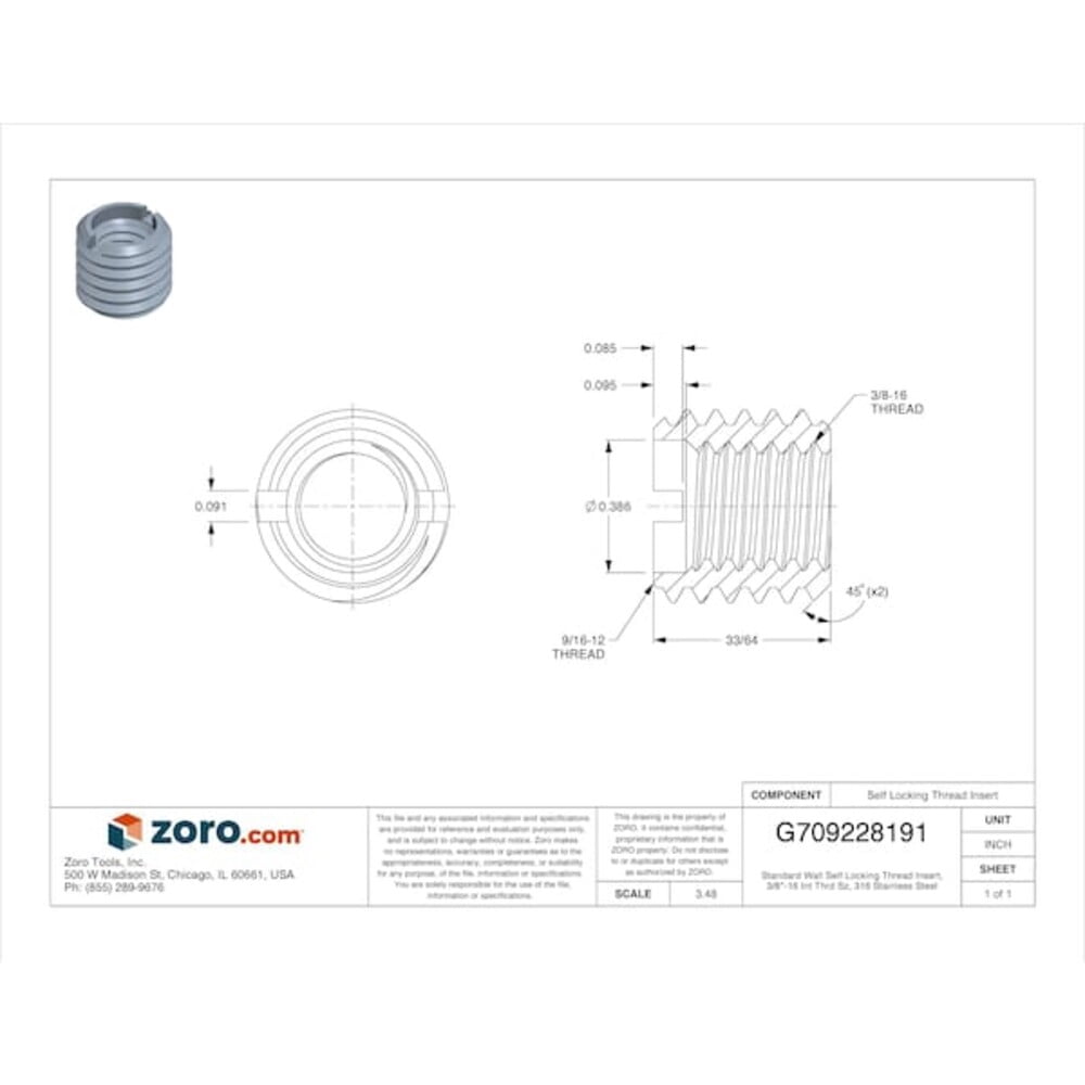 E-Z LOK™ Threaded Insert - Standard Wall - 316 Stainless - 3/8-16 x 9/16-12