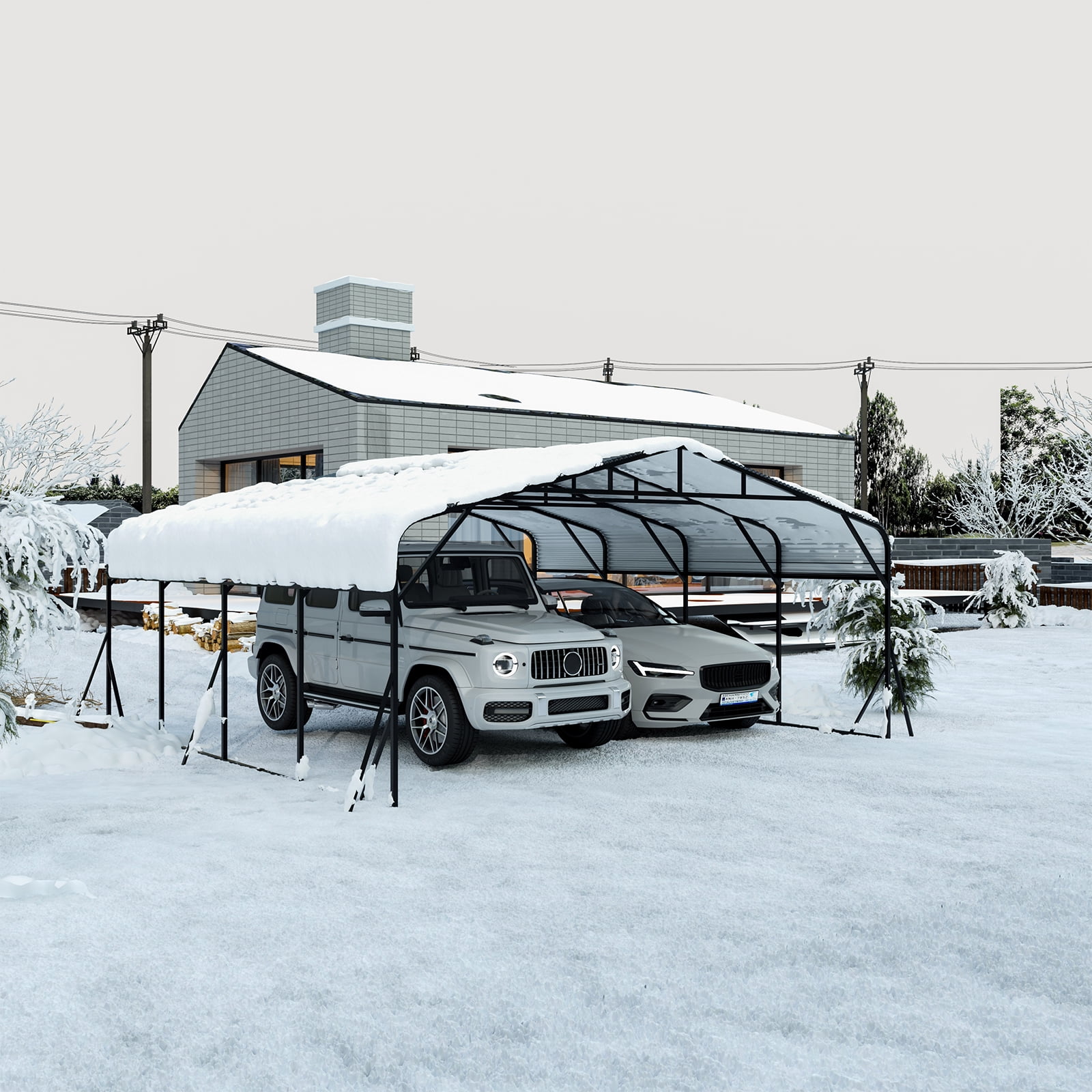 20 x 20 FT Heavy Duty Metal Carport, Galvanized Steel Roof Double Car Garage Shelter, All-Weather Vehicle Protection for Cars, Boats & RVs, 2-Car Extra Large Outdoor Canopy & Party Tent, Black
