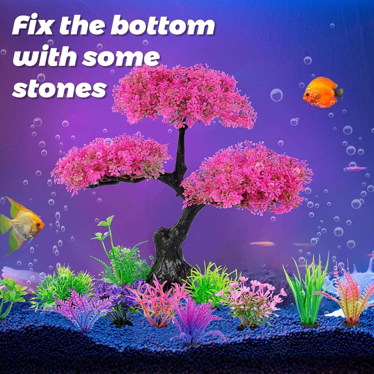 Aquarium Artificial Plastic Plants Decoration,  Cherry Blossom Tree Aquarium Decor Set, Goldfish Betta Fish Tank Decorations Hides Accessories
