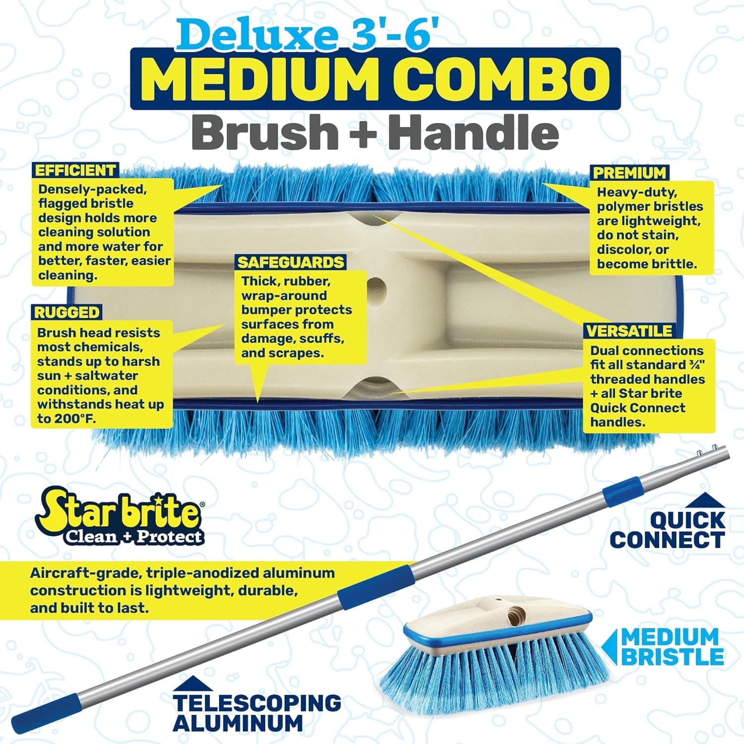 STAR BRITE Deluxe Telescoping Deck Brush Kit - Extends 3' - 6' - Extendable Aircraft-Grade Aluminum Handle, Soft or Medium Bristles, Floats if Dropped, Ergonomic Design, Multi-Surface Cleaning
