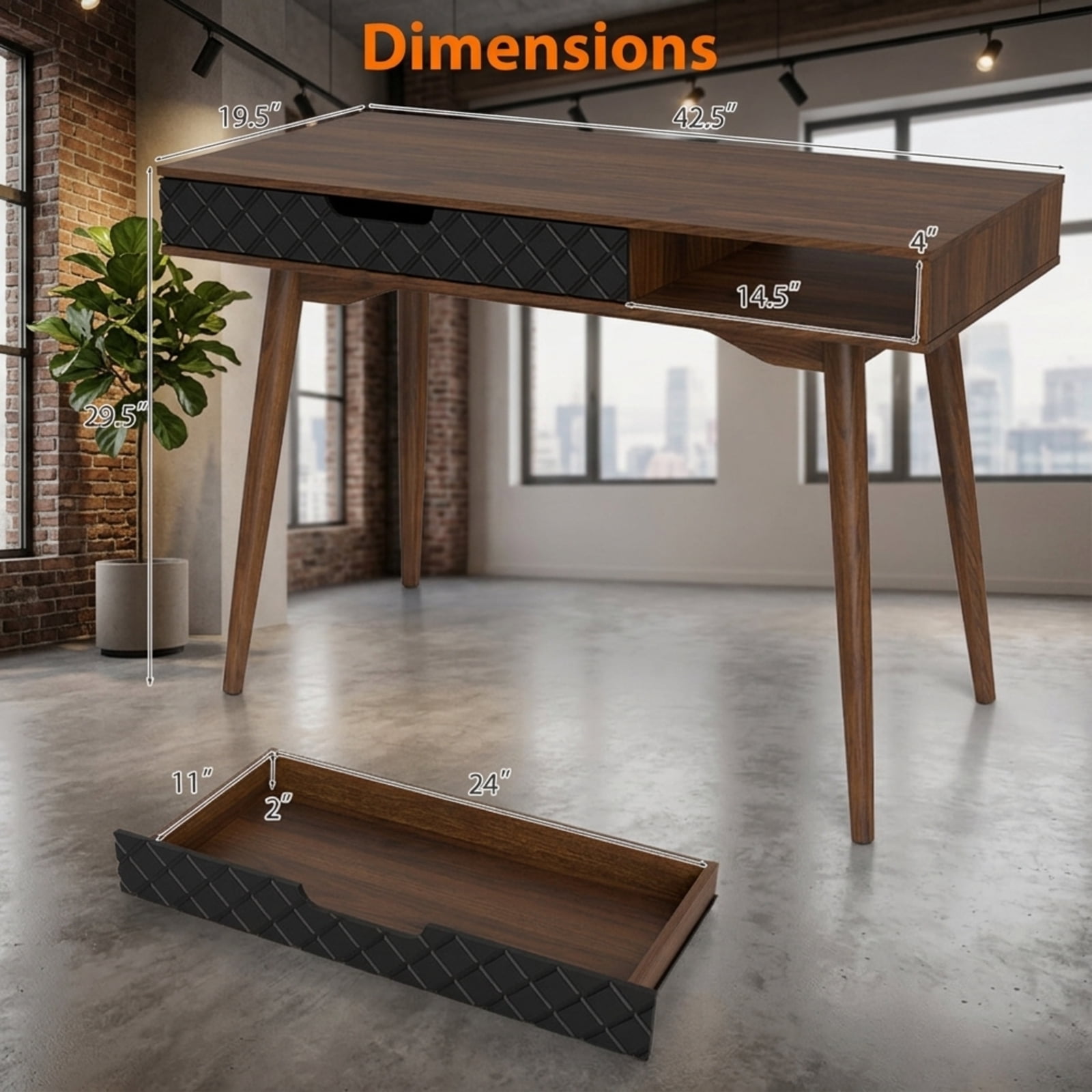 Furnibear Mid Century Modern Computer Desk with Drawer and Open Compartment for Home Office Study Writing, Brown