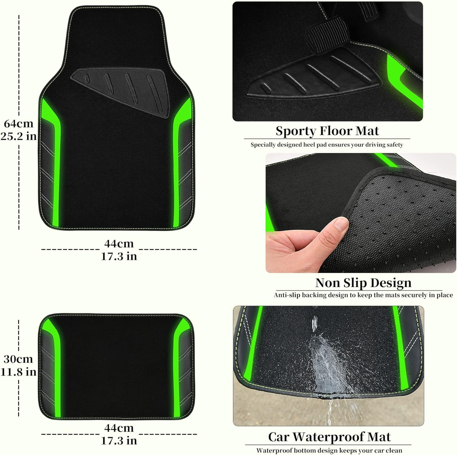 CAR GRAND Leather Steering Wheel Cover and Waterproof Car Floor Mats,Microfiber Universal Car Combo Fit for Sedan,SUV,Cars,14.5-15inch Sporty Anti-Slip Comfortable Design(Black＆Fluorescence Green)
