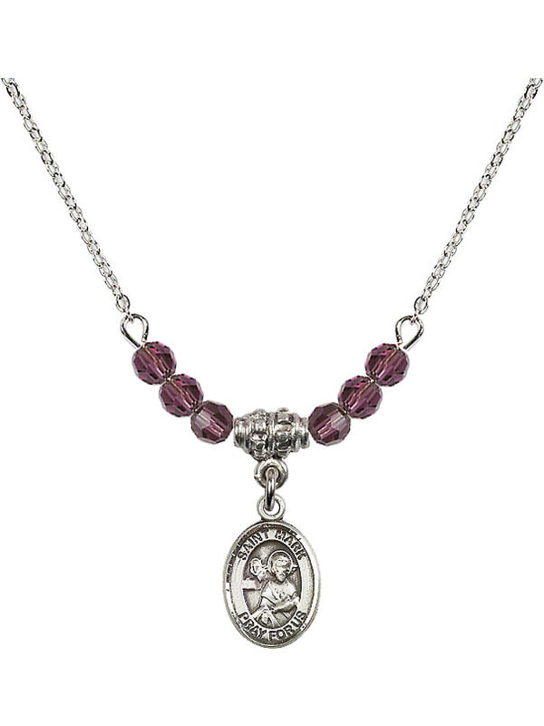 18-Inch Rhodium Plated Necklace with 4mm Jet Birthstone Beads and Sterling Silver Saint Mark the Evangelist Charm. 