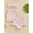 thumbnail image 2 of Suealasg Baby Girls Shorts Outfits Infant Girls Sleeveless Ribbed Tank Vest and Elastic Waist Skirt Ruffle Shorts +Headband 3Pcs Summer Clothes Set, 2 of 9