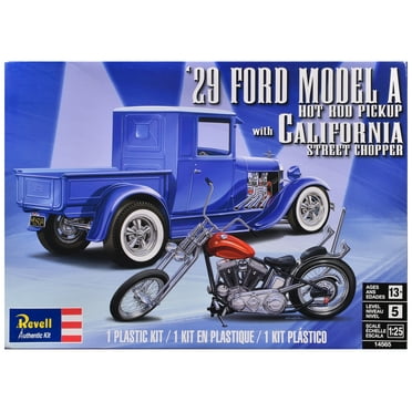 Level 5 Model Kit 1929 Ford Model A Hot Rod Pickup Truck and California Street Chopper Motorcycle 1/25 Scale Model by Revell
