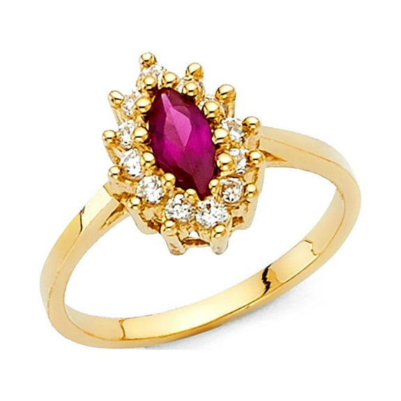 Marquise Halo Ring Solid 14k Yellow Gold Red CZ Band Cocktail Ring Fashion Stylish Polished Fancy, Size 7