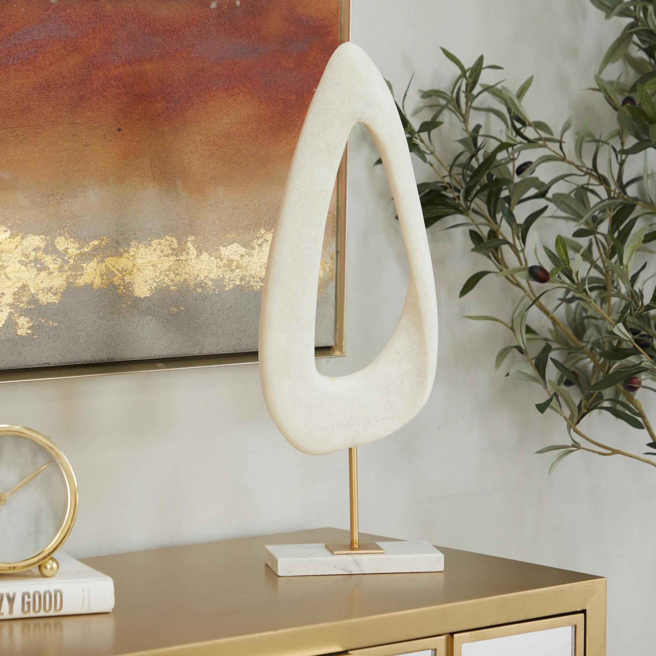 7" x 20" White Polystone Cut-Out Abstract Sculpture with Marble Stand, by DecMode