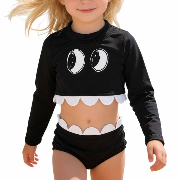 SHenli 4T Swimsuit GirlsGirls Tankini Swimsuits 10-12Adorable Big Eyes Two Piece Swimsuit for Girls High Waist Long Sleeve Rash Guard and Bottom Toddler Baby Swimwear Sun Pool Beach Outfit