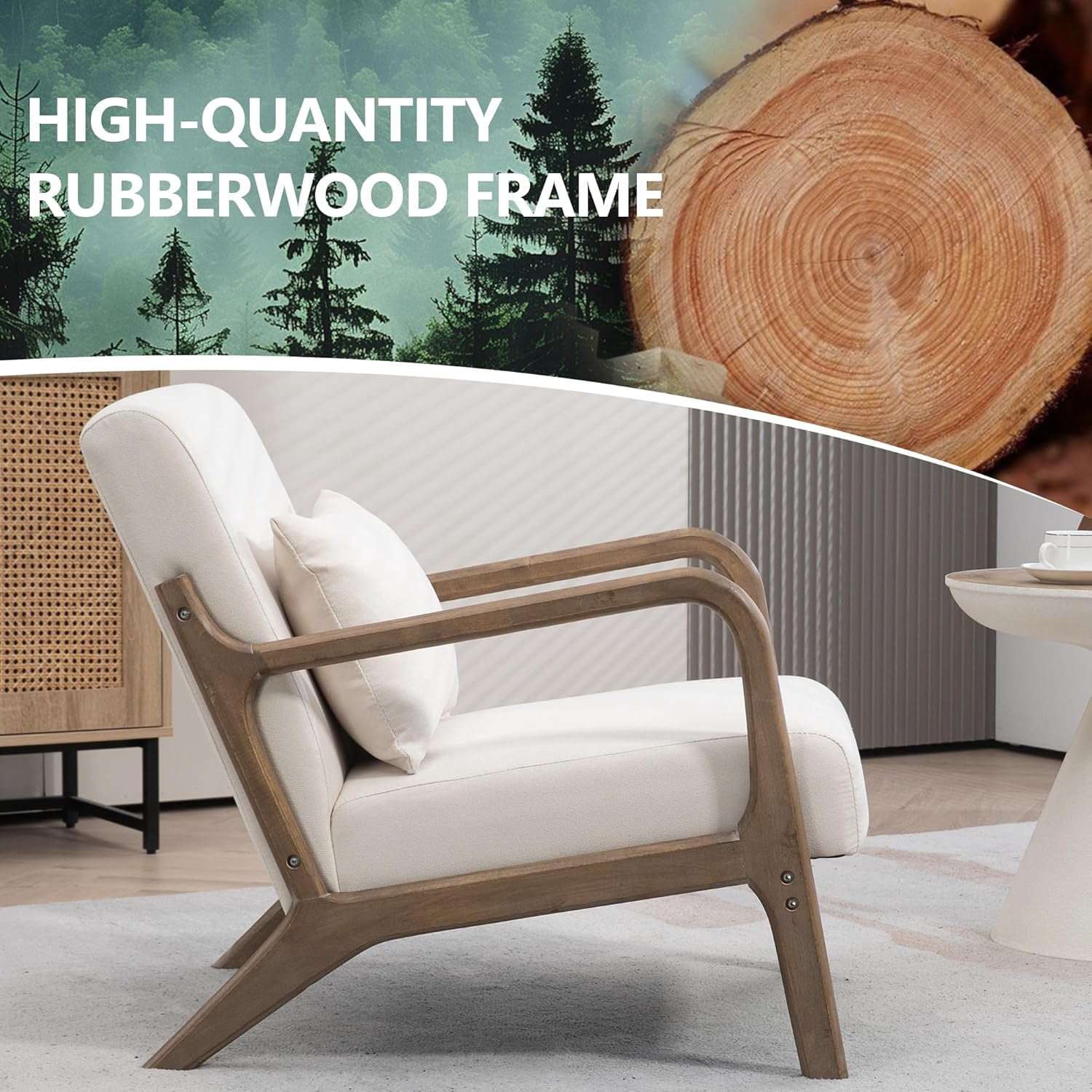 MOONMISS Mid-Century Modern Accent Chair, Velvet Fabric Arm Chair with Wood Frame and Pillow, Upholstered Armchair Comfort Reading Chair Lounge Chair for Living Room Bedroom Sunroom, White