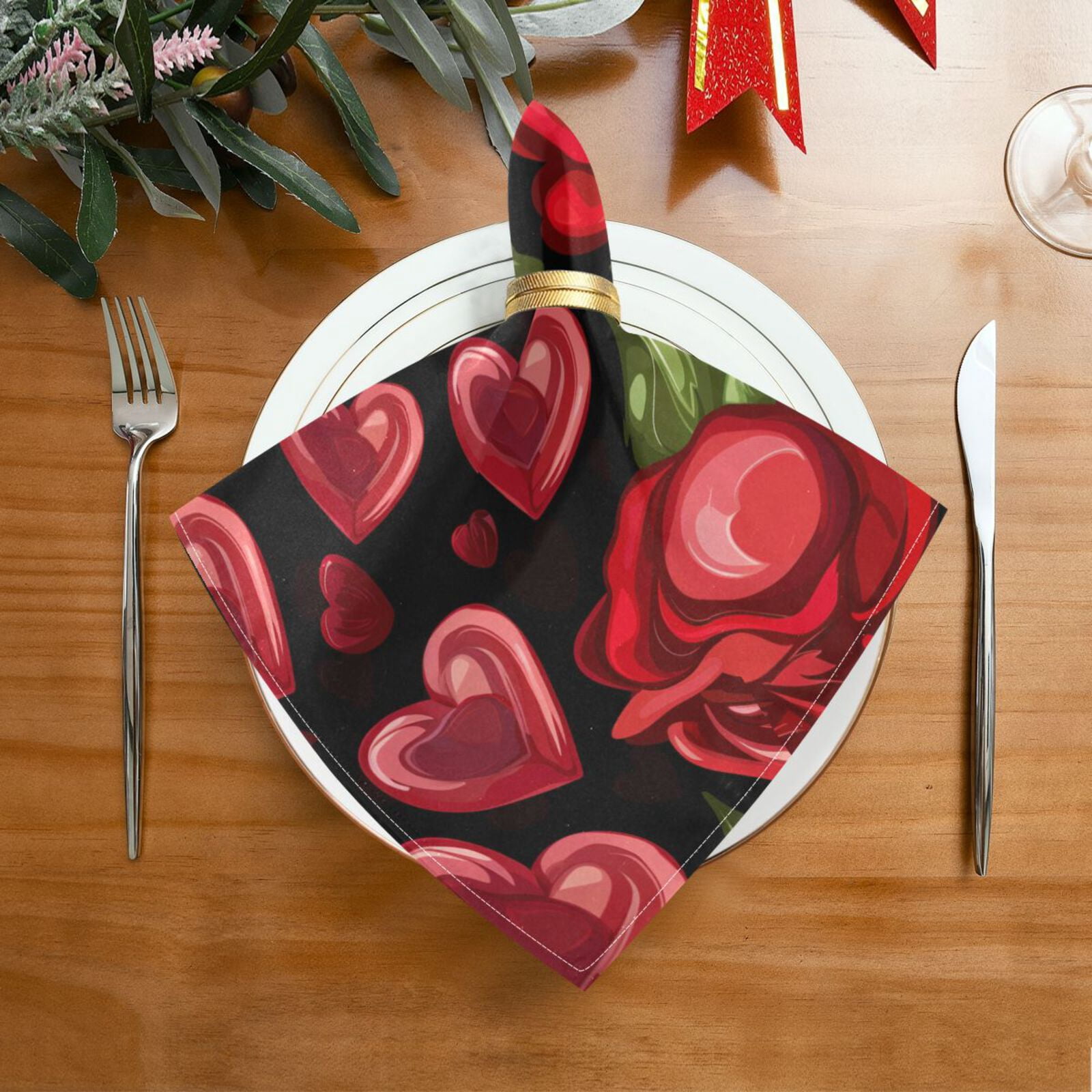 JSTEL Heart Red Rose Flower Cloth Napkins Set of 6, 20x20 Inch Washable and Reusable Napkin for Decoupage Dinner Party Everyday Use