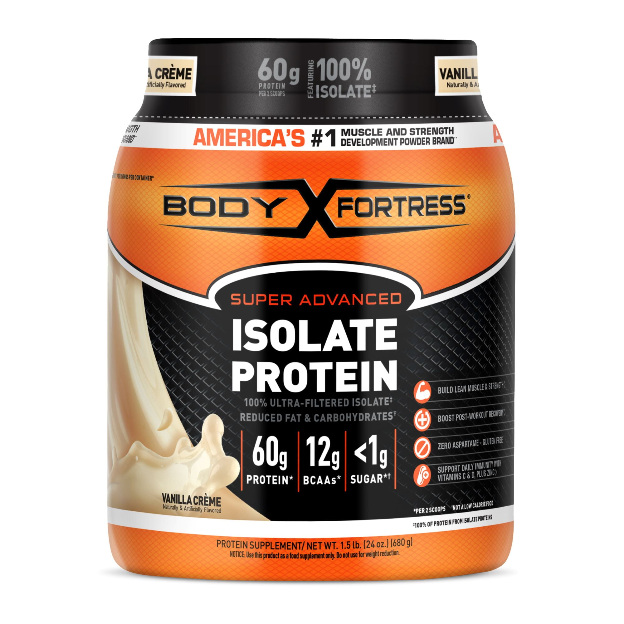 Body Fortress Super Advanced 100% Ultra-filtered Isolate Protein Powder, Vanilla, 60g Protein, 1.5 lbs (Packaging May Vary)