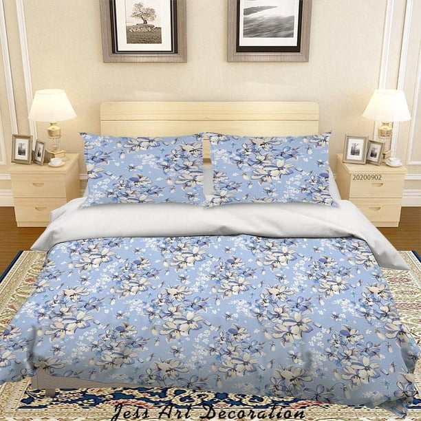 3D Flores Azules Hojas Patrón Funda de edredón Set Ropa de Cama Set Funda Nórdica