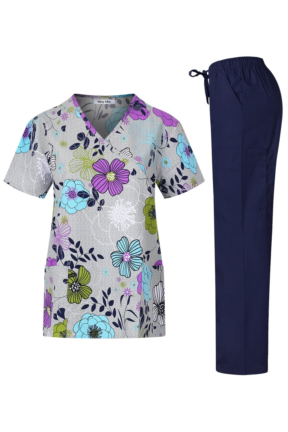 Minty Mint Microfiber Printed Medical Scrub Set VNeck Top and Pants