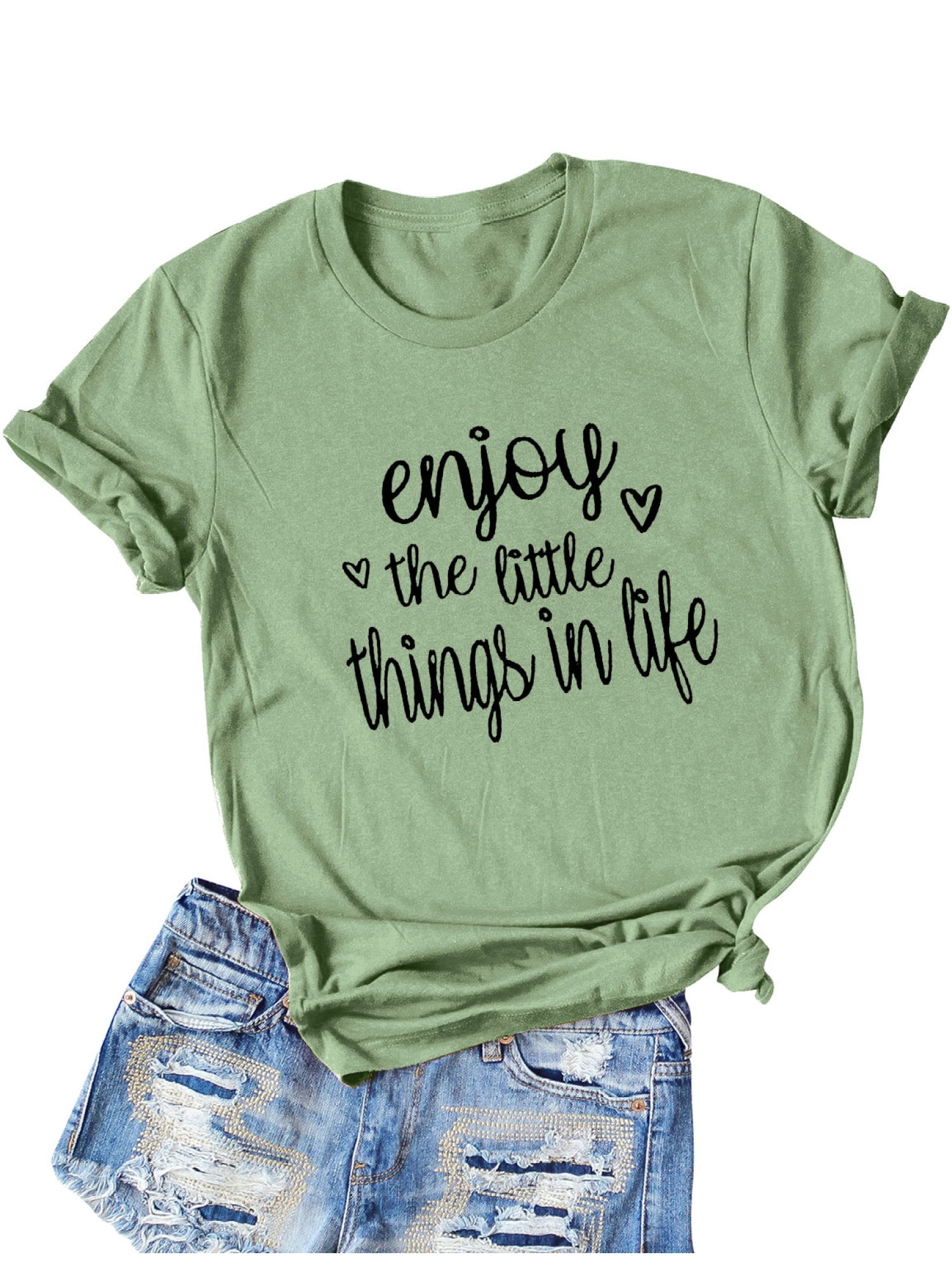 OUNAR Women Enjoy the Little Things in Life Print Heart Graphic T-shirt