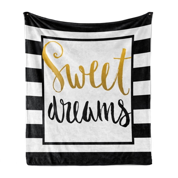 Saying Soft Flannel Fleece Throw Blanket, Vintage Hand Drawn Lettering Design with Monochrome Stripes Background, Cozy Plush for Indoor and Outdoor Use, 50" x 60", Yellow Black White, by Ambesonne