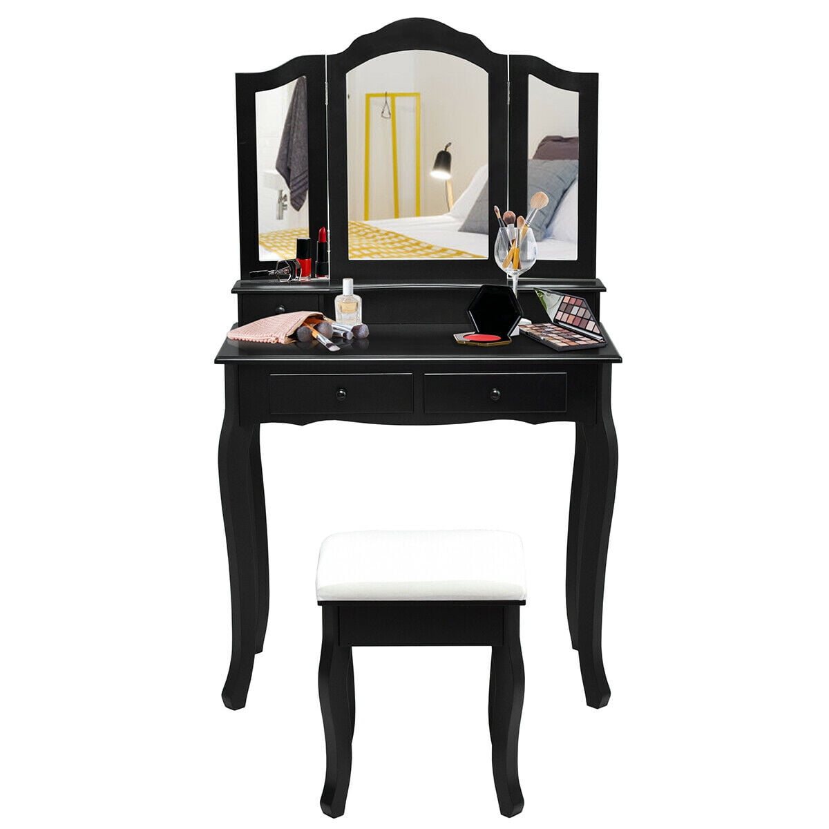 Gymax Black Bedroom Vanity Jewelry Makeup Dressing Table Set Folding Mirror - Walmart.com
