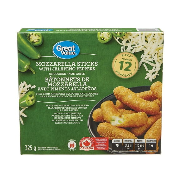 Great Value Frozen Mozzarella Sticks Stuffed with Jalapeno Peppers Appetizers, 12 Pieces, 325g
