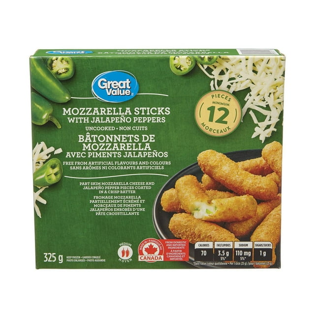 Bâtonnets de mozzarella surgelés Great Value avec piments jalapenos 12 pièces, 325 g