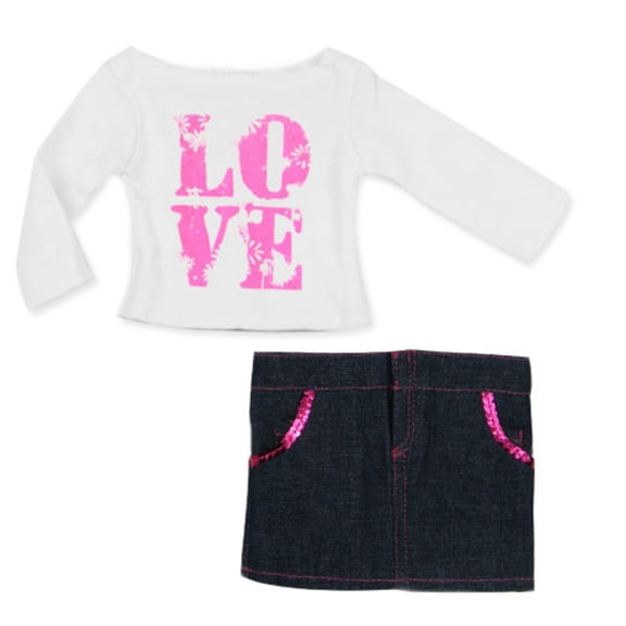 Sophia’s Long Sleeve LOVE T-Shirt and Jean Skirt Outfit for 18" Dolls