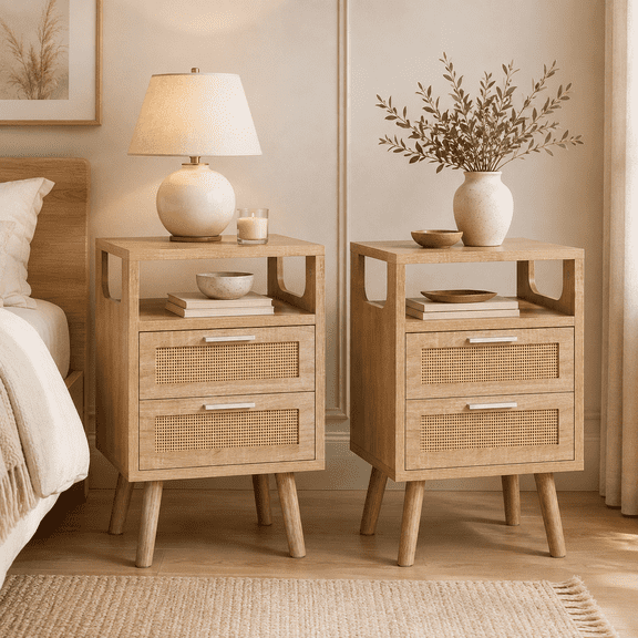 SOLTERIELLE Rattan Nightstands Set of 2, 2 Drawer Light Oak Nightstand with Open Shelf, Boho Wood Bedside Tables, Small Side Tables for Bedroom