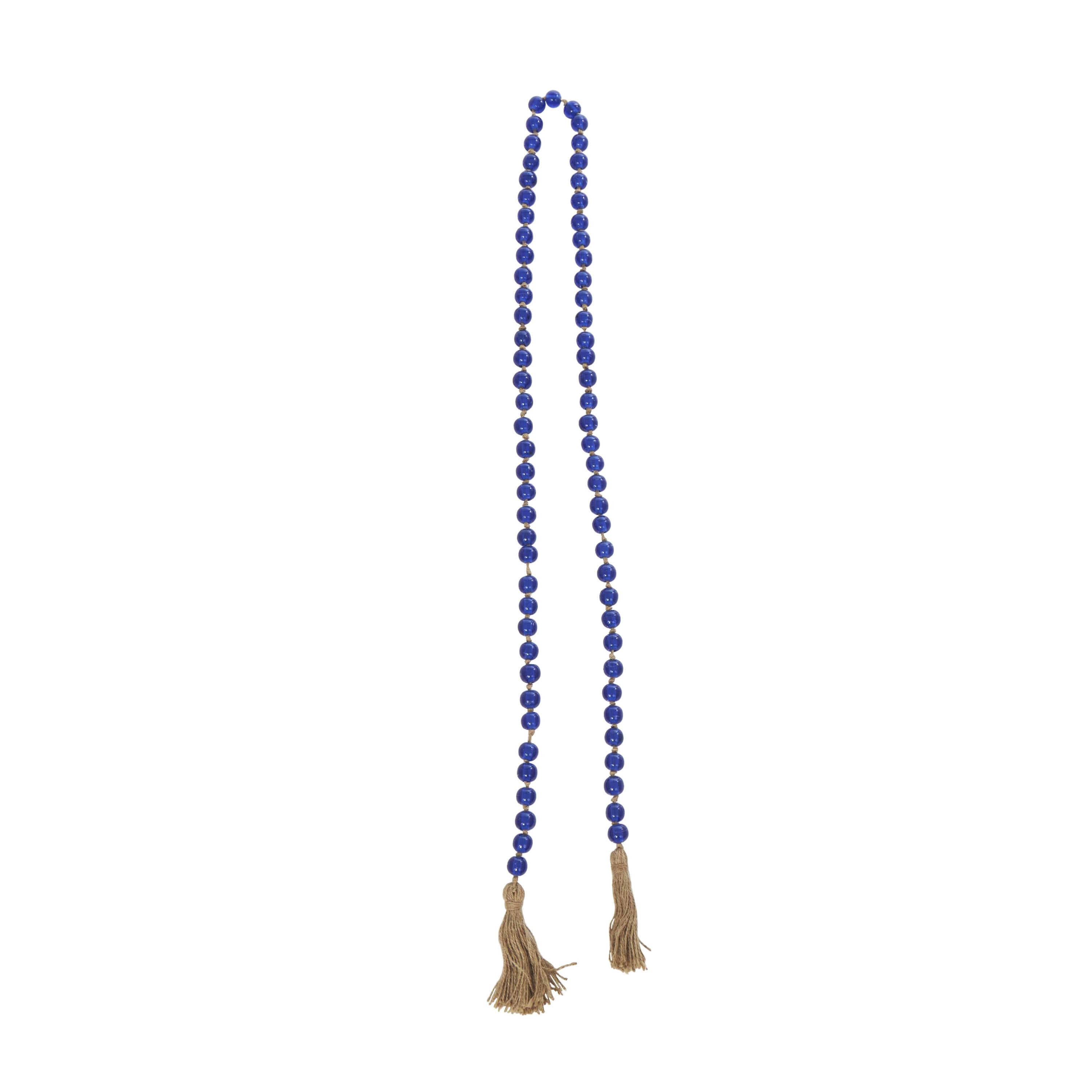 DecMode Handmade Round Long Blue Glass Garland with Tassel with Knotted Brown Jute