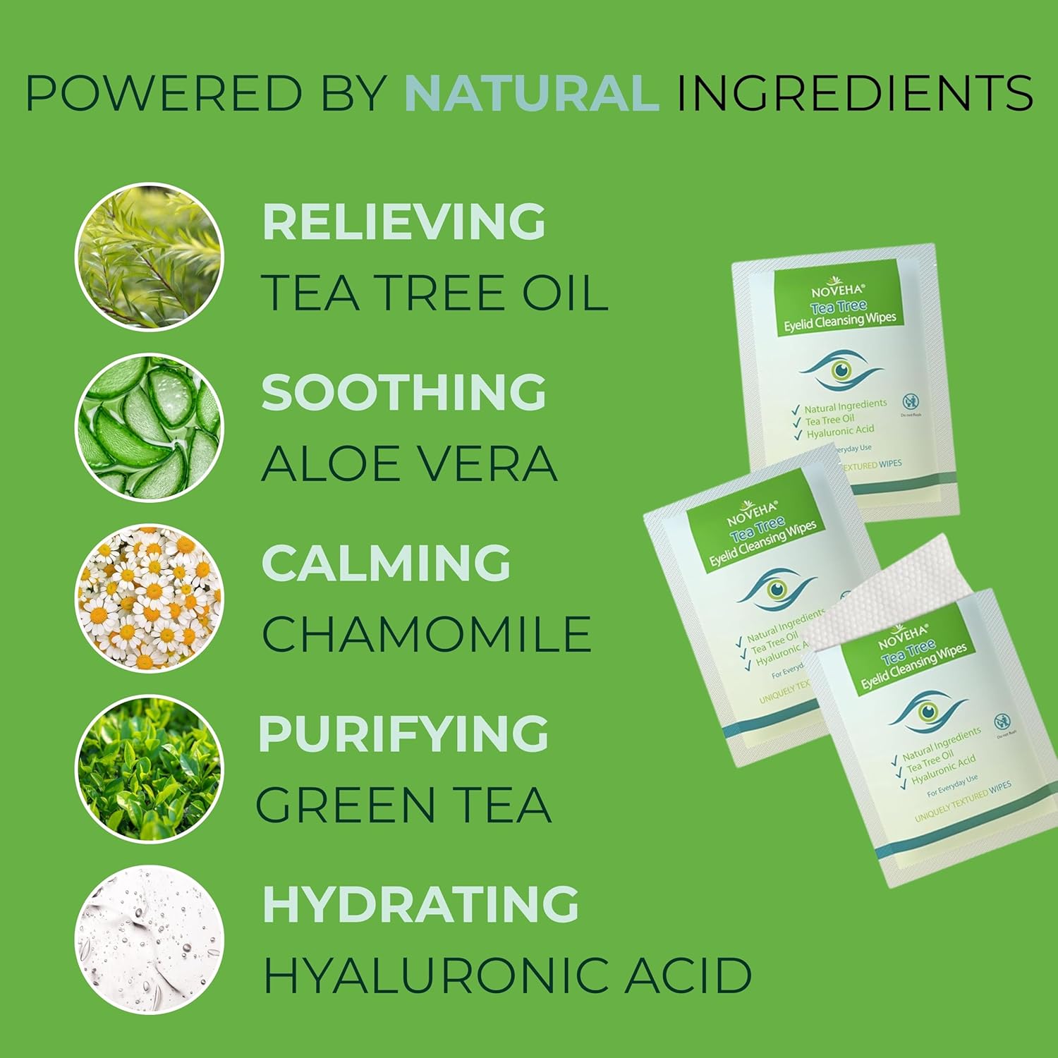 NOVEHA 60PCs Tea Tree Oil Eyelid Wipes | Blepharitis, Itchy & Stye Eyes – With Hyaluronic Acid, Green Tea & Chamomile, Natural Eye Makeup Remover & Daily Cleanser | Individually Wrapped