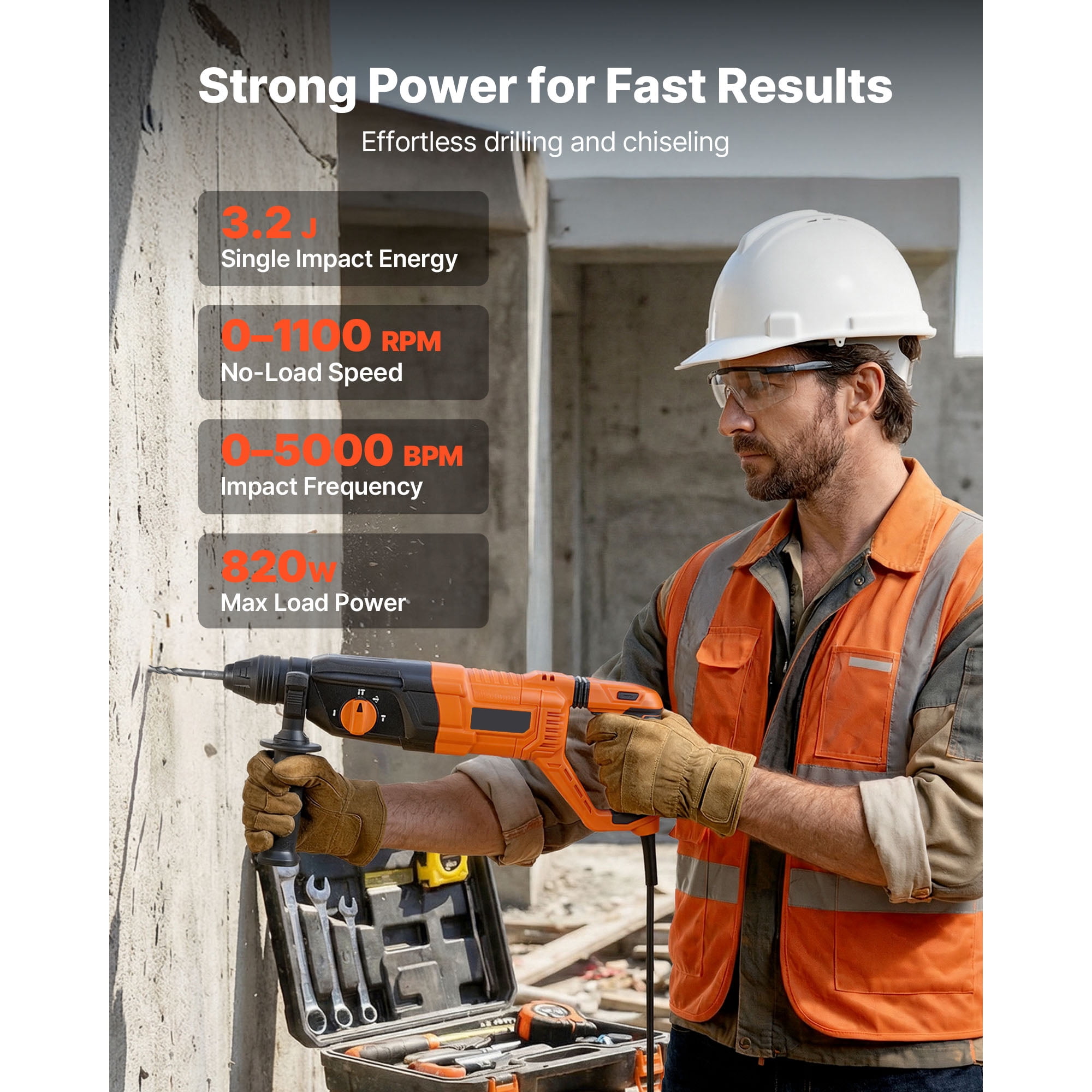 KFFKFF 1-1/8 in SDS-Plus Electric Rotary Hammer Drill, Corded Heavy-Duty Tool with 4 Modes, Includes 3 Drill Bits, Flat and Pointed Chisels, and Carrying Case for Concrete and Masonry Work