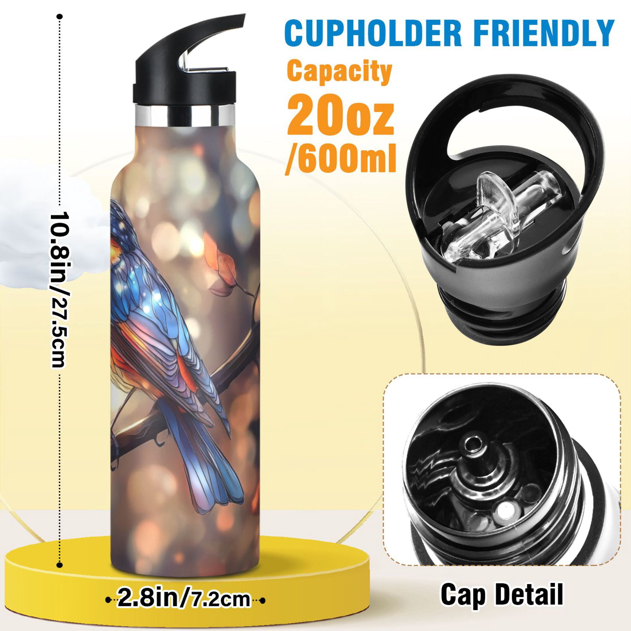 Kids Insulated Stainless Steel Sports Water Bottle 600ml (20oz), BPA-Free Colorful Beautiful Bird