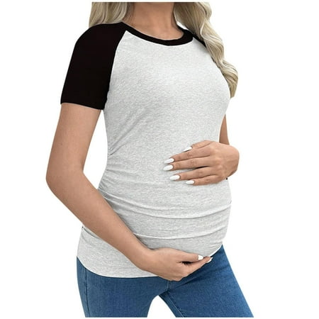 breaise Maternity Shirt Women Raglan Short Sleeve Top Ruch Sides Bodycon Tshirt for Pregnant Color Block Cotton T-Shirts