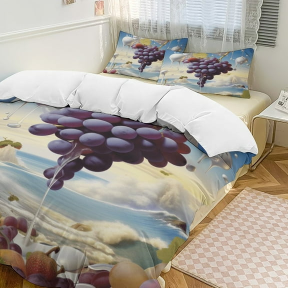 Fruit Purple Grapes Duvet Cover Set King Size for Bedroom Decoration Print Bedding Set Comforter Cover Decorative Microfiber with 2 Pillow Sham Multicolor
