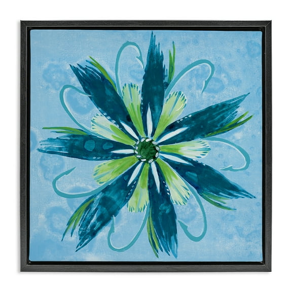 Stupell Industries Blue & Green Abstract Flower Floral Painting Black Floater Framed Canvas Art Print Wall Art, 18 x 18