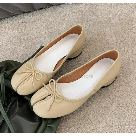 Genuine Leather Split Toe Pumps Women s Bowknot Mid Heel Ballet Shoes Round Heel Shallow Loafers Summer Comfortable Casual Shoes (apricot 37)