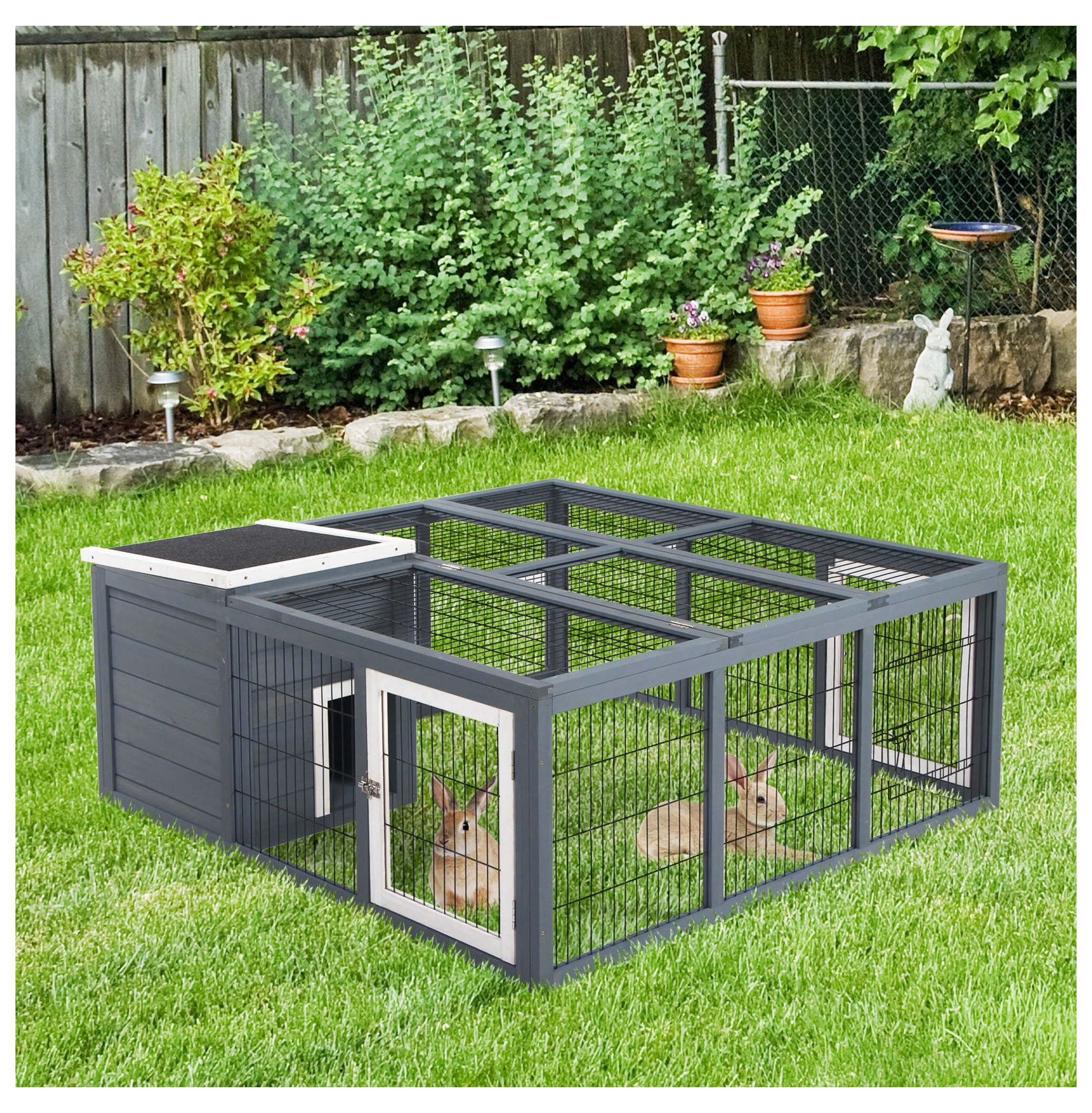 Bunny Hutch Rabbit Cage with Openable Main House, Durable Waterproof Pet House for Rabbits Guinea Pigs, Three Ventilation Doors Design, Gray